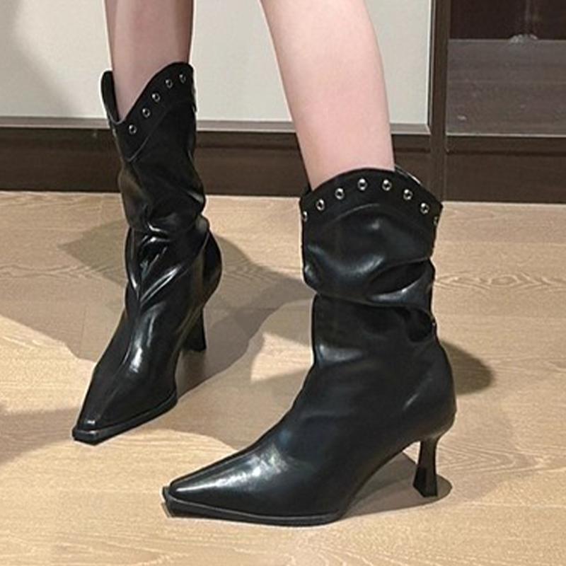 Pointed Toe Sexy Women High Heels Boots Leather Shoes 2025 Winter Luxury Brand Chelsea Boots Party Pumps Designer Chunky Botas
