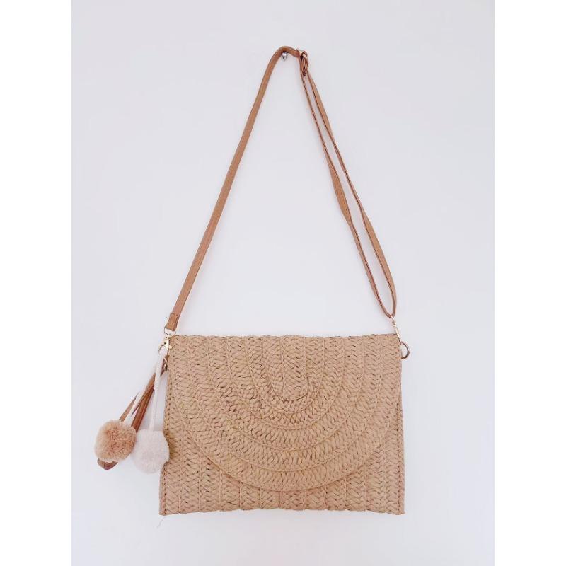 Handgeflochtene Damen-Strohtasche - Ethnisch inspirierte Clutch mit Handytasche und verstellbarem Riemen für Strandurlaub & tägliche Boho-Outfits