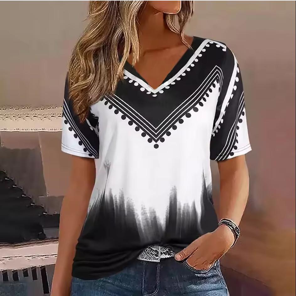 Fashion women's T-shirt striped printing gradient V-neck short-sleeved streetwear summer clothing women's T-shirt