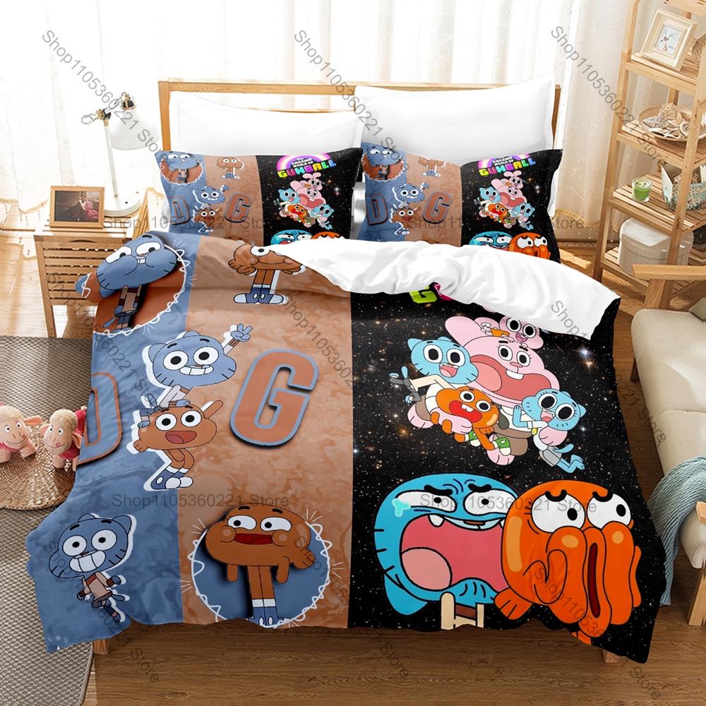 Úžasný svět Gumballa Gumball a Darwin HD Tisk Povlečení Přikrývka + 2 Povlaky na polštář Polyester Dekorace do pokoje pro kluky a dívky