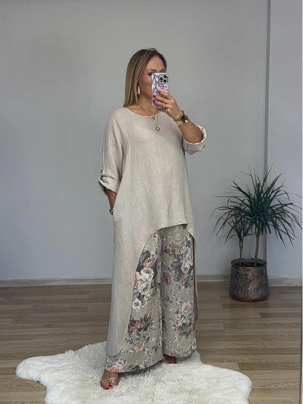 2025 Women's Casual Cotton Linen Irregular Top & Wide-Leg Pants Set with Pockets