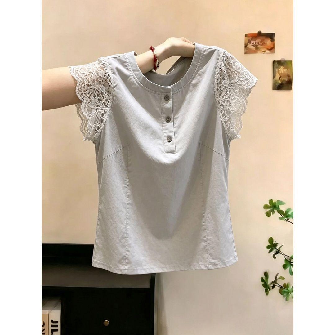 Women Round Neck Henley Tank Top, White Lace Cap Sleeve Slim Fit Summer Blouse s