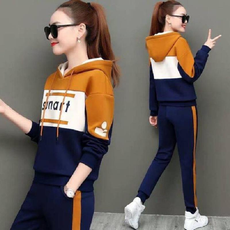 Casual Sportswear Suit for Women Spring and Autumn Korean Style Fashion Printed Hooded Sweatshirt Two-piece Set for Women