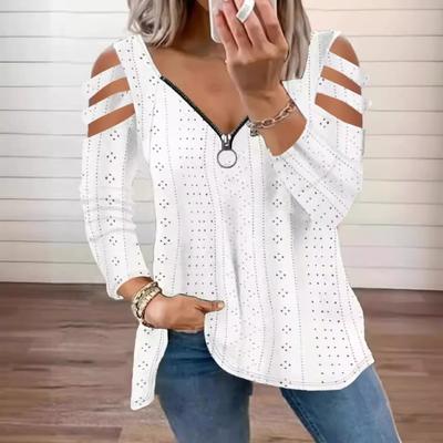Frühlings-Damen-Oberteil mit V-Ausschnitt, Reißverschluss, lockere, einfarbige Langarmshirts
