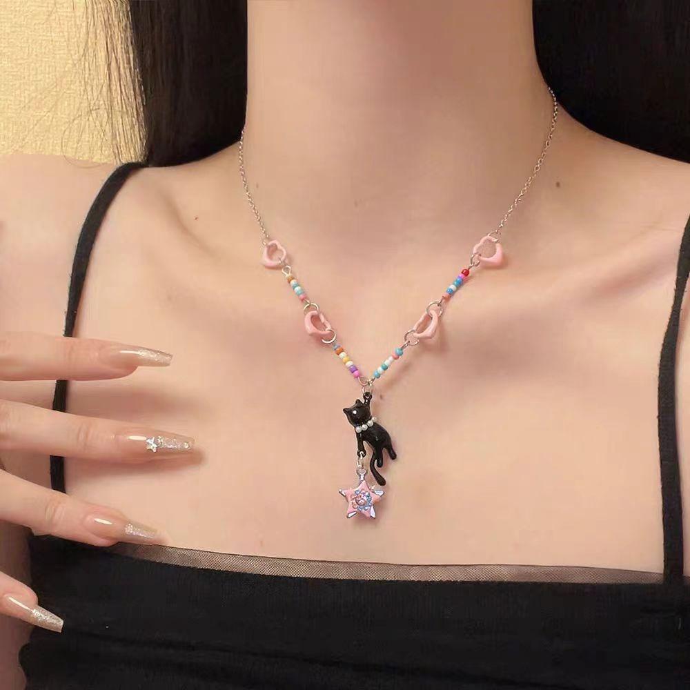 Sweet and Cool Cute Cat, Star Pendant Necklace, Female Niche Dopamine Love Beaded Splicing Fashion Collarbone Chain