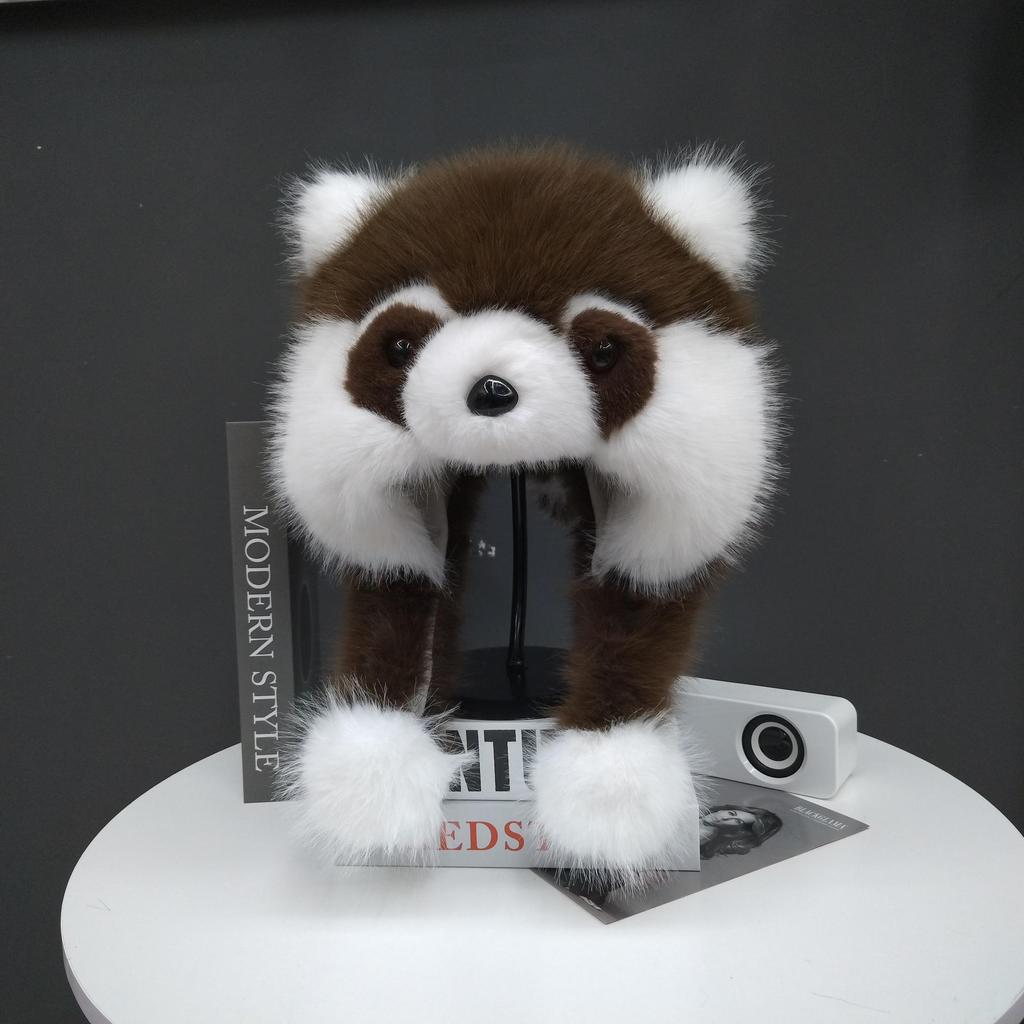 Women's Faux Fur Raccoon Earflap Hat, Large Size, Warm for Autumn/Winter, Plush Fox Lei Feng Style.