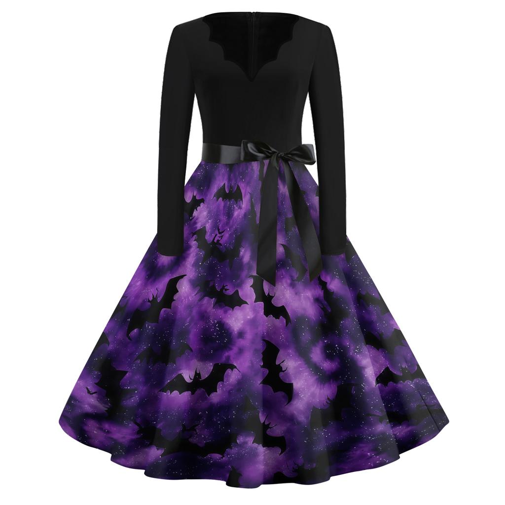 Women's Casual Vintage V Neck Dress Halloween Print Long Sleeve Retro Style A Line Midi Dress with Waist Tie Belt