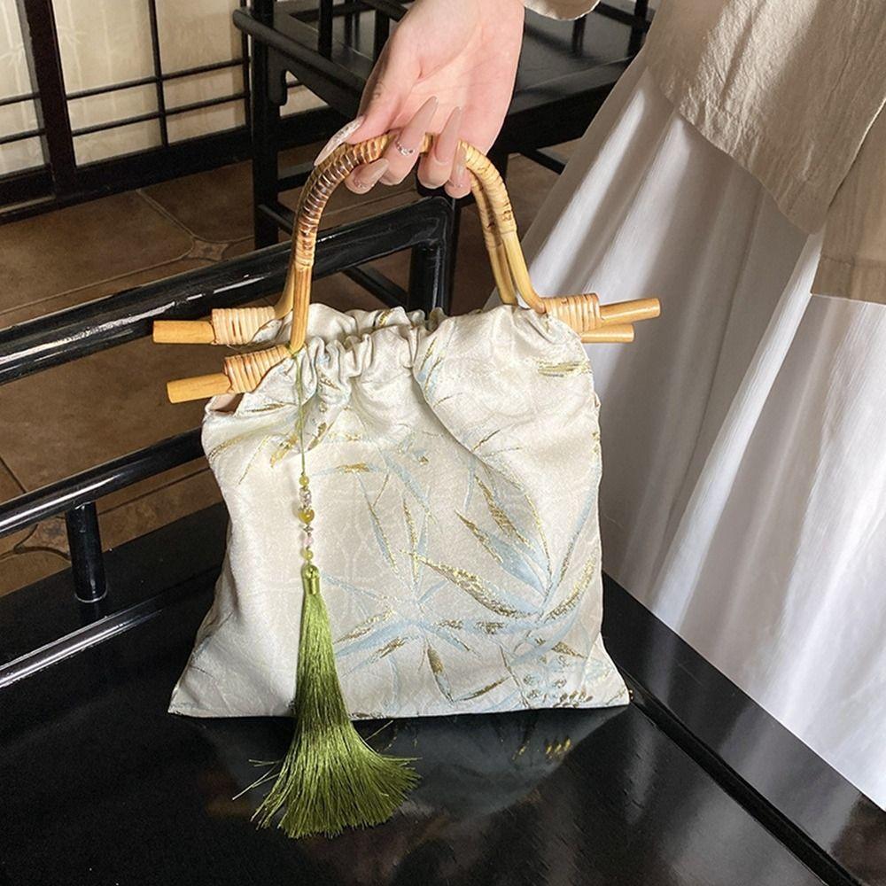 Embroidery New Chinese Style Handbag Printed Rattan Weave Bag Temperament Hanfu Bucket Bag Gift