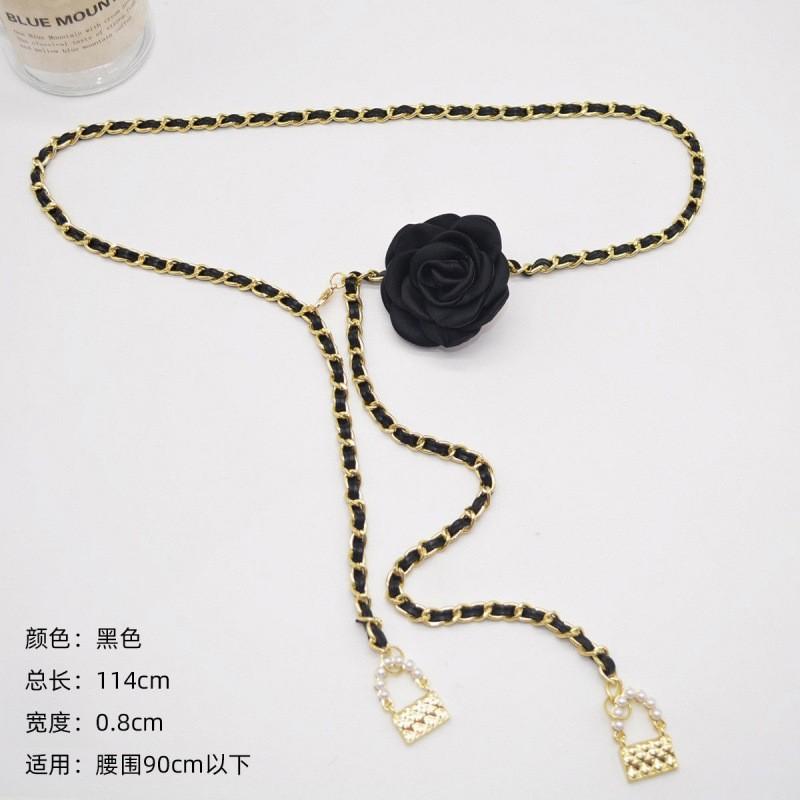 Black And Chic White Flower Waist Chain For Women Decorated With Pearls Stylish Elegant And