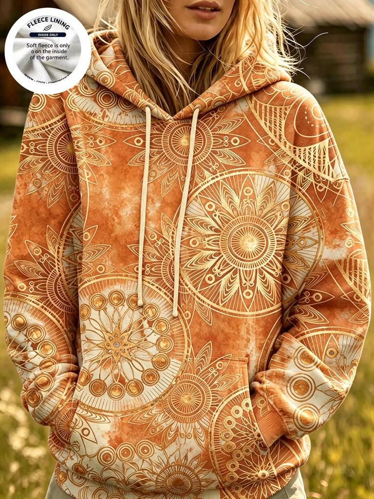 Dámská mikina s kapucí podšitá fleecem Boho Mandala Sluneční kruh Celoplošný potisk Dlouhý rukáv Oversized Teplá Ležérní mikina s kapucí
