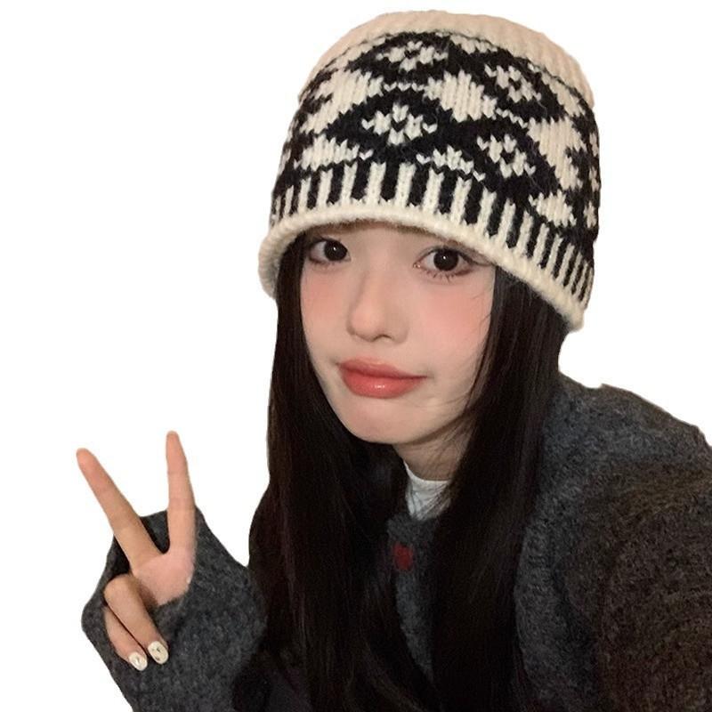 Fisherman Rhombus Hat Grid Pattern Cap Knitted Warmth Oversized Unisex Design