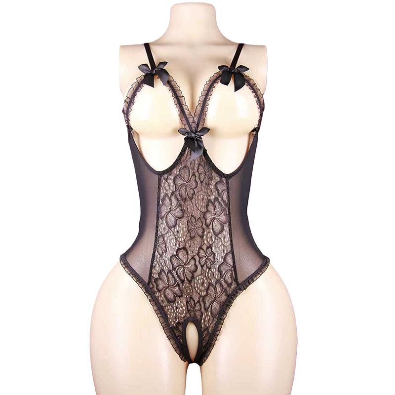 Night concubine sexy underwear leopard print lace transparent open onesie women's breasts tight temptation
