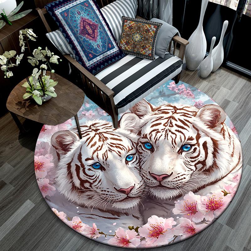 White Tiger Round Area Rug,Carpet Rug for Living Room Bedroom Sofa Playroom Decor,Non-slip Floor Mat