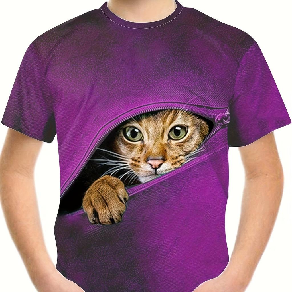 Boy's Girl Cat Graphic T-shirt Fashion Casual Breathable 3D Print Tee for Outdoor Activities Children Harajuku Tshirt