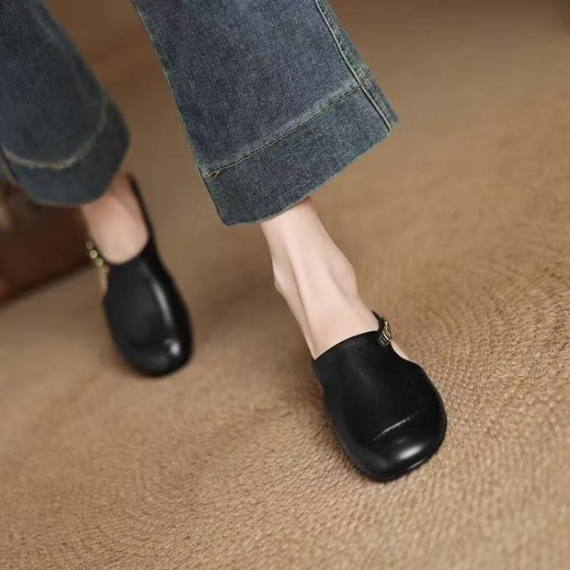 Women's Stylish Genuine Leather Mule Loafers with Metal Buckle Low Heel Slip On Flats Casual Driving Shoes