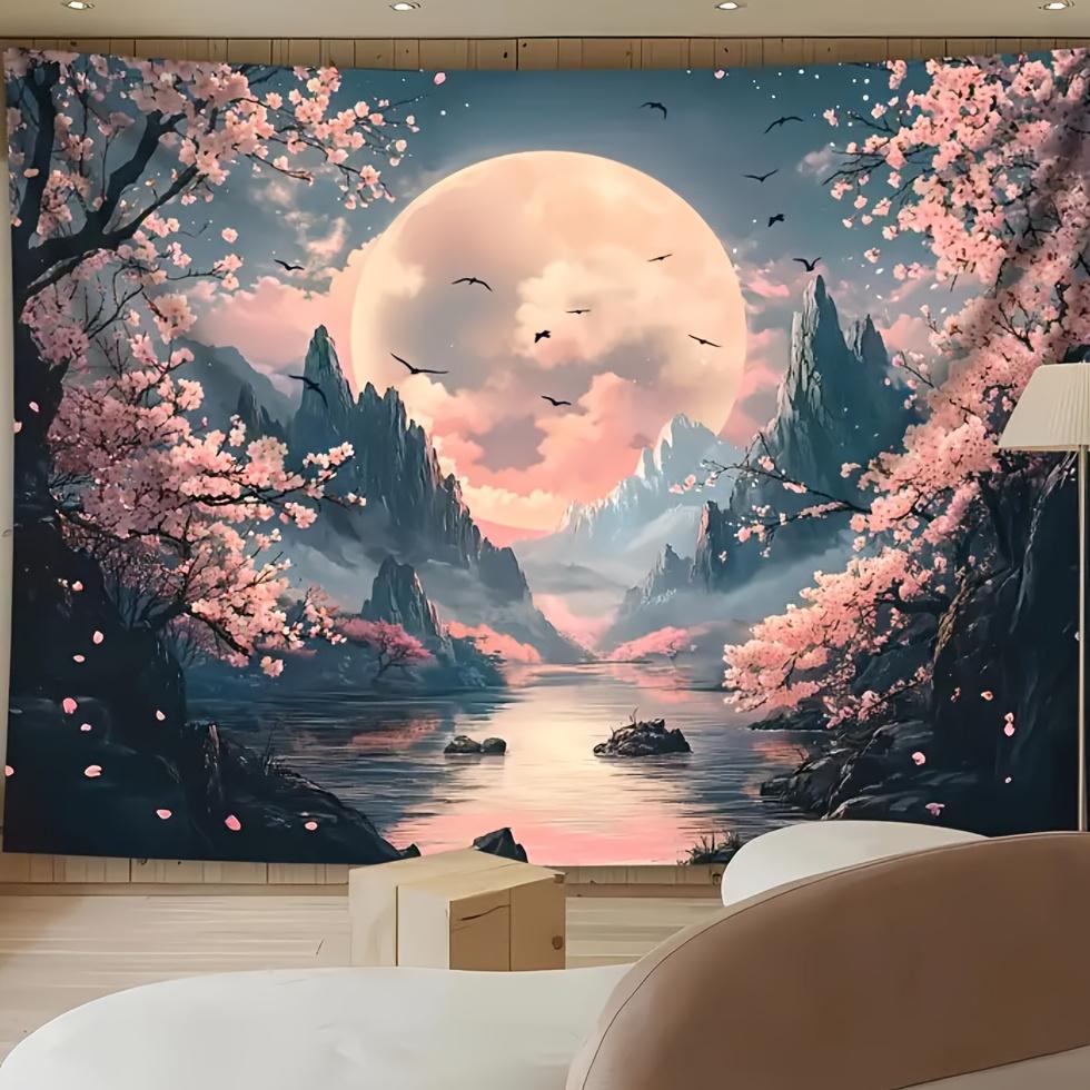 1pc Cherry blossom and moon pattern tapestry, machine washable polyester, suitable for bedroom and living room decoration.