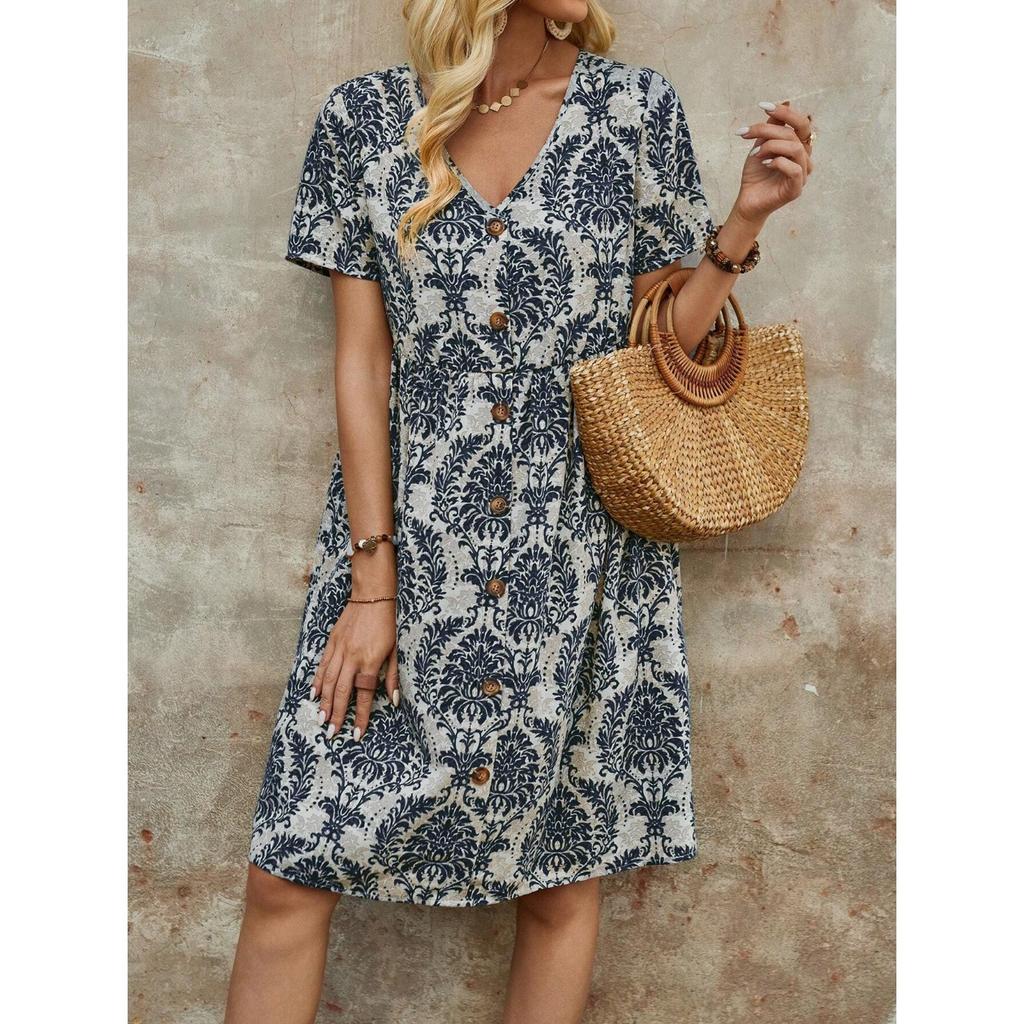 IHUASU Women's Summer Fashion Printed V-Neck Short Sleeve Loose Midi Dresses