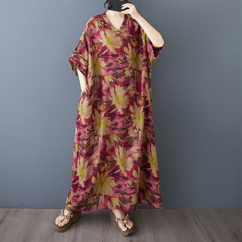 V-neck Retro Long Skirt Cotton Linen Dress