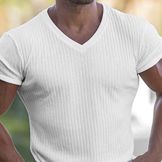 Men T-shirt V Neck Slim Fit Solid Color Breathable Summer Top Daily Garment