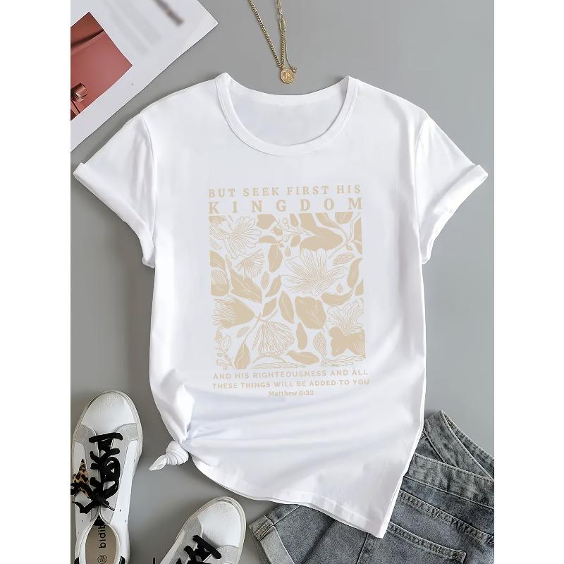 Women's Plus Size Round Neck Short Sleeve T-Shirt Floral Print Inspirational Quote Black White Golden Design Casual Top