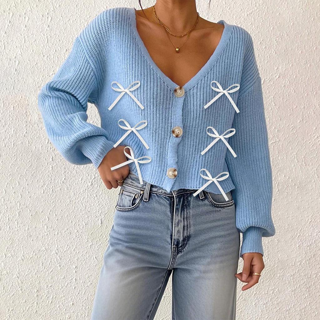 Women's Solid Color Button-Up Cardigan Deep V-Neck Short Loose-Fitting Jacket Casual Top