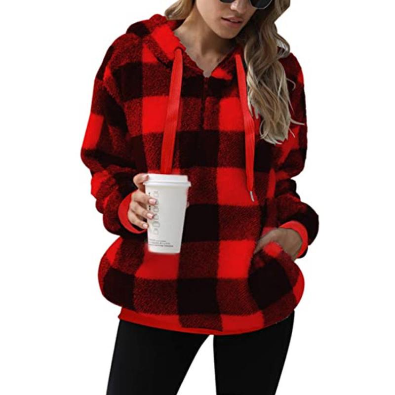 Women s Green Plaid Sherpa Hoodie Half Zip Drawstring Pullover Casual Warm Sweatshirt with Pockets S