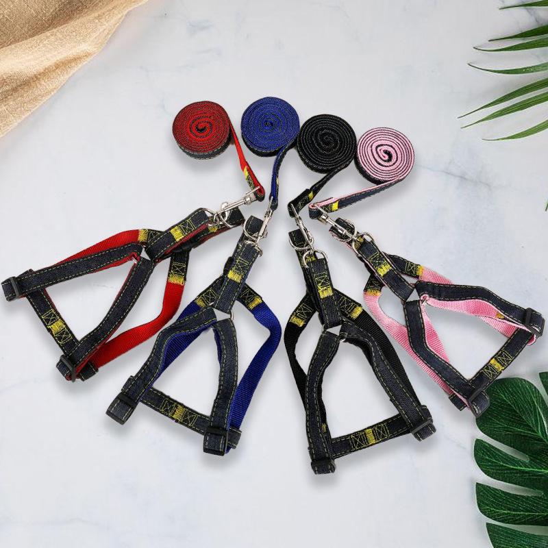 Denim Dog Leash and Harness Set with Teddy Chain for Small To Medium Dogs