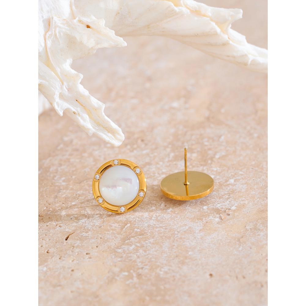 Yhpup High Quality Fashion Natural Shell Zirconia Stud Earrings Prevent Allergy Metal Golden Premium Daily  Jewelry Waterproof