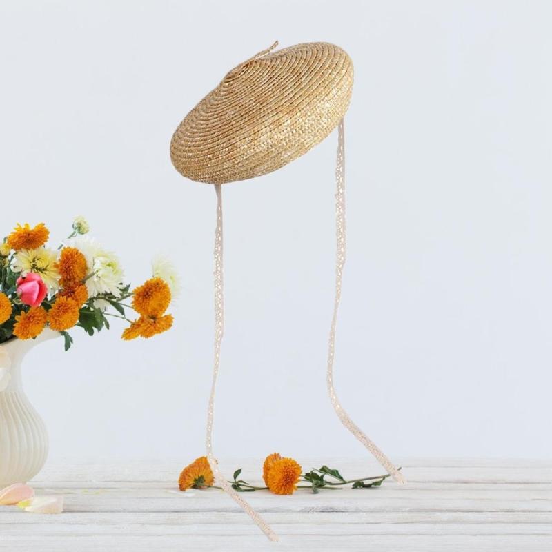 Woven Straw Bonnet Hat for Women Breathable Lace Ribbon Fisherman Hat French Headwear Beach Vacation Sunproof Caps