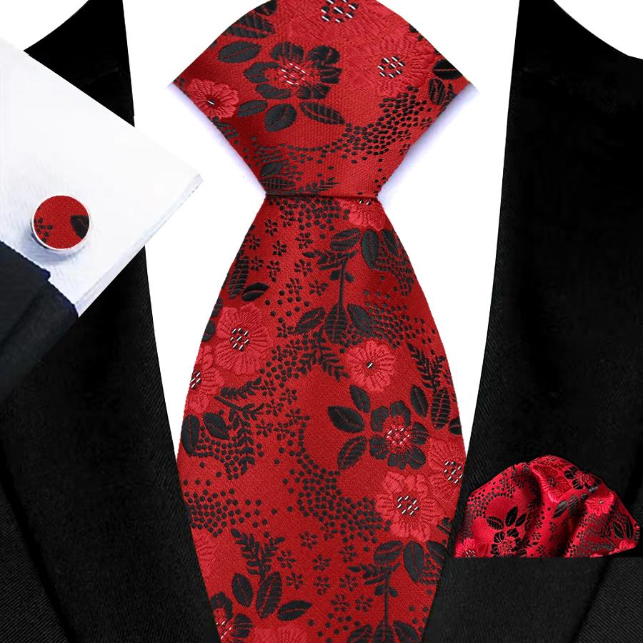 Red Striped Paisley Solid Floral Wedding 8CM Tie For Men Design Mens Necktie Hanky Cufflink Set For Daily Wear Business Party