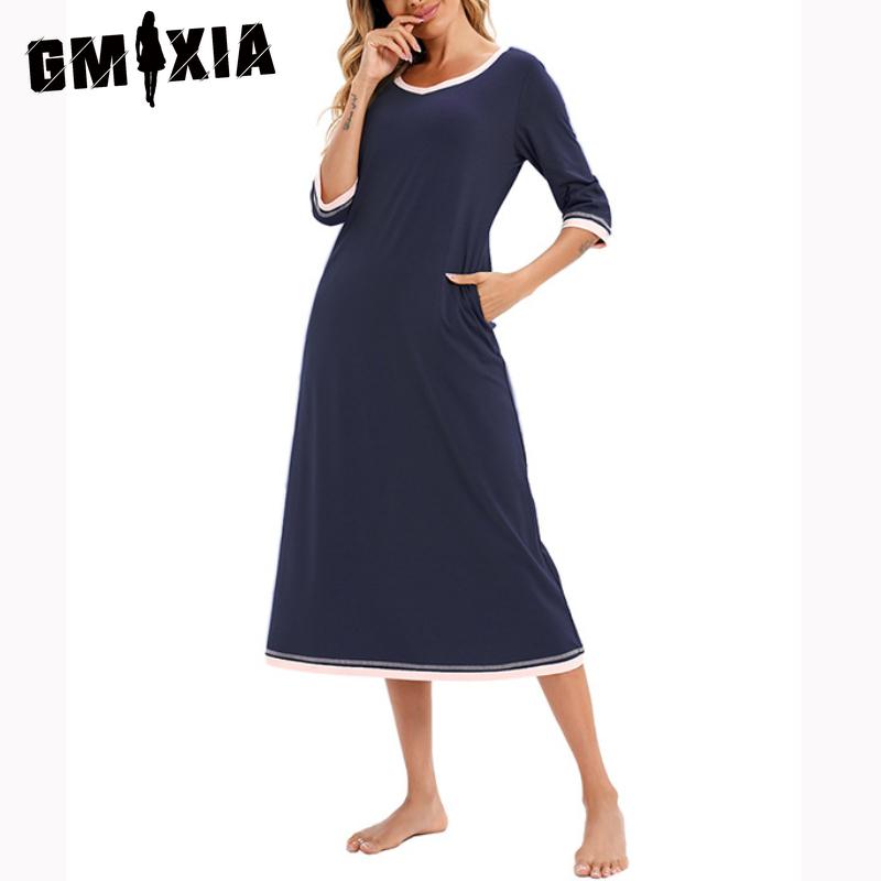 

GMXIA Летняя женская футболка средней длины, длинное платье, V-образный вырез, хлопок, цветные блоки, рукав семь восьмых, ночная сорочка средней длины, домашняя одежда XXL тёмно-синий