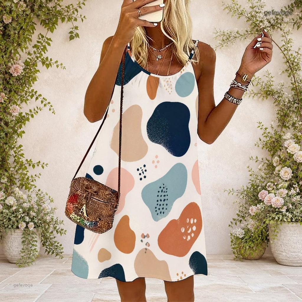 Women Plus Size Colorful Abstract Printed Scoop Neck Thin Straps Sleeveless Loose Midi Dress