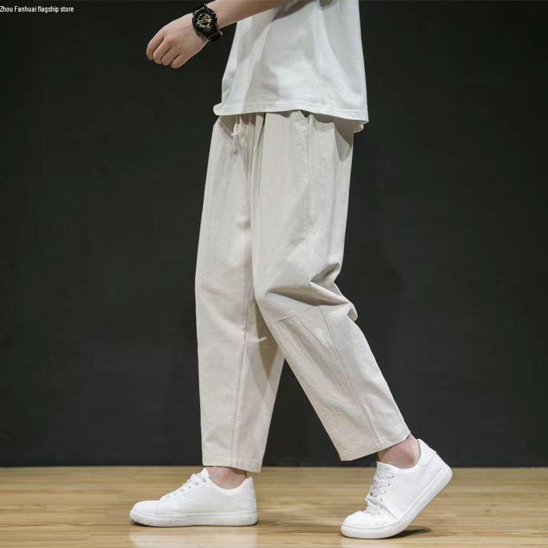 Men's Trendy Loose-Fit Cotton Linen Summer Pants - Lightweight, Casual, All-Match, Plus Size, Nine-Point Length.