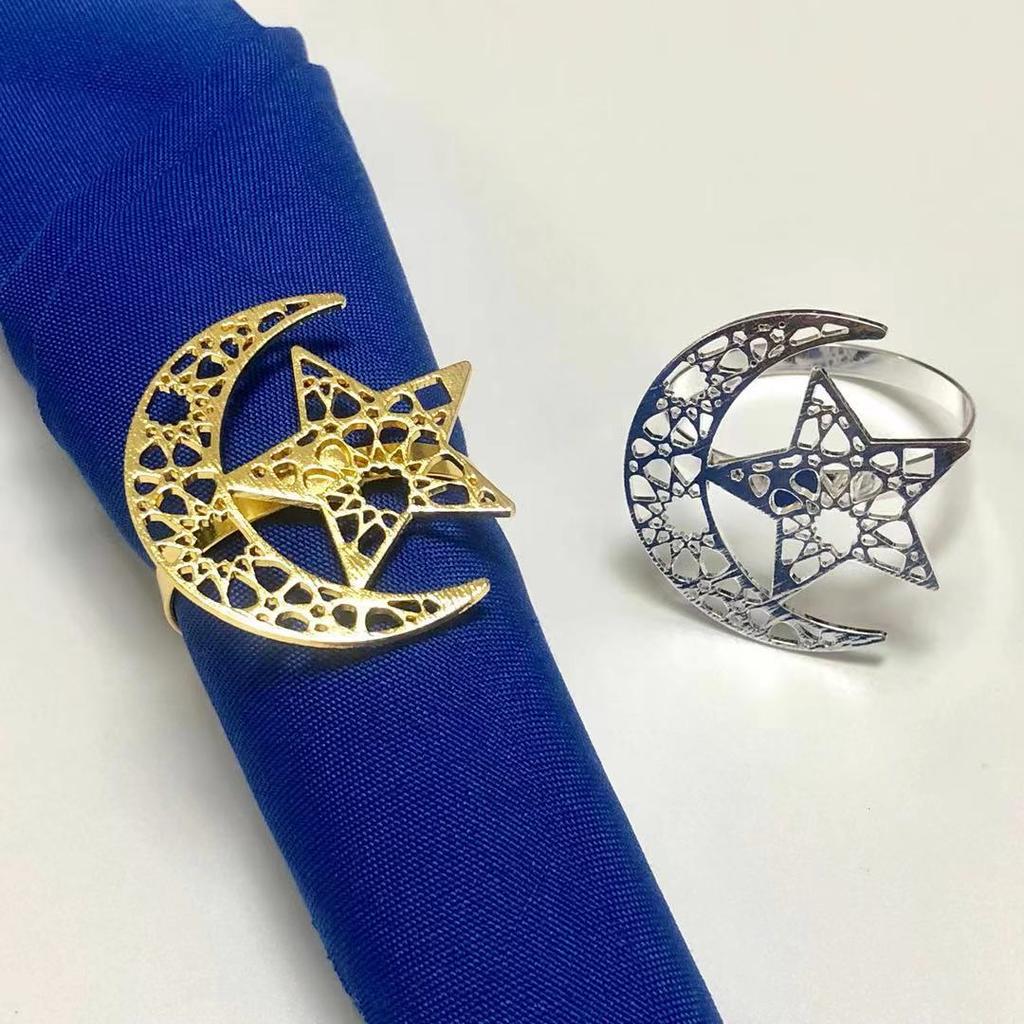 6Pcs Ramadan Decoration Silver Moon and Star Napkin Rings for Muslim Islamic Eid Mubarak Party Dinner Table Decoration