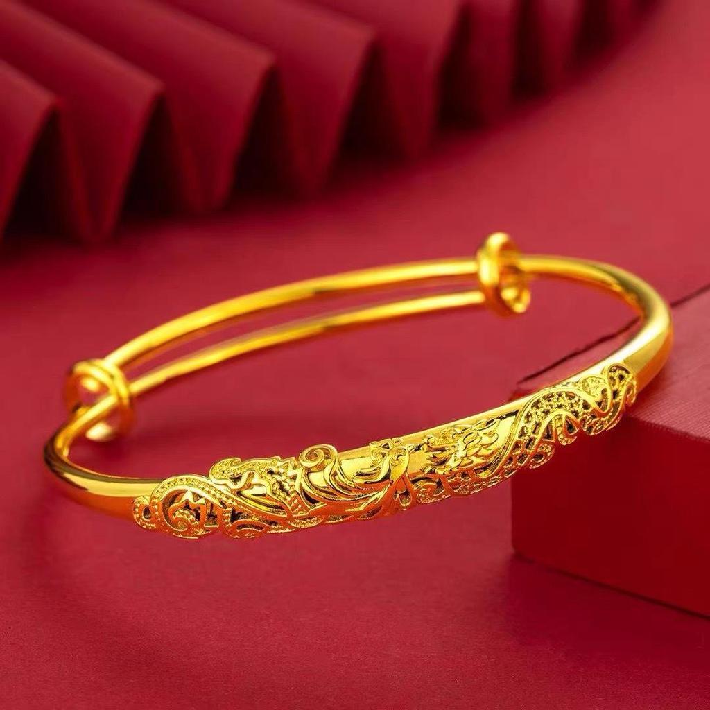 Gold-Plated Starry Dragon & Phoenix Push-Pull Women's Bangle - Non-Fading, High-End Jewelry