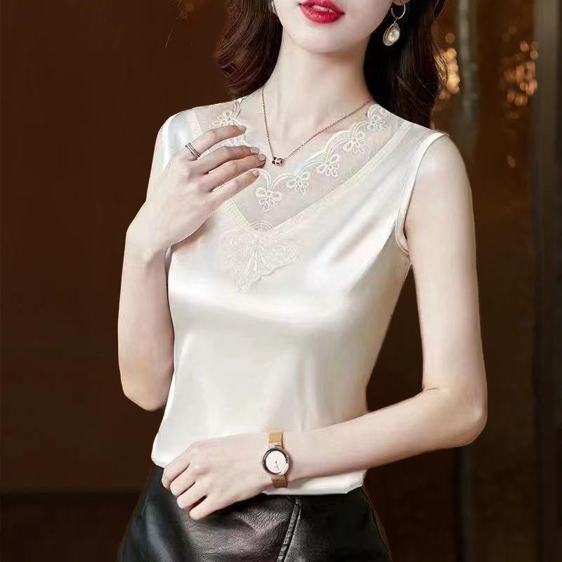 

Sleeveless T-shirt Women s vest Acetate lace foreign style fashion inner suit bottoming shirt Spring and Autumn Sleeve Top Shirt M белый