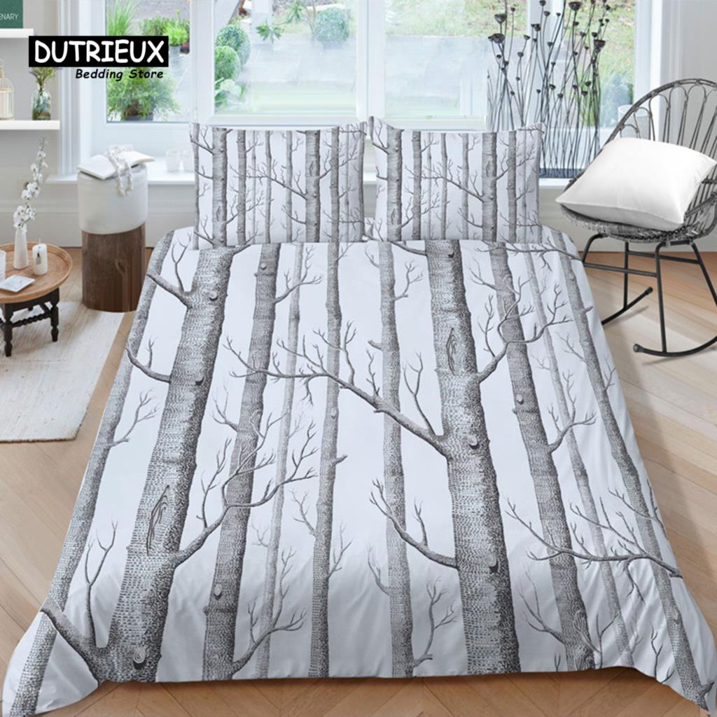 Gradient Color Duvet Cover Woodland Botanical Bedding Set Nature Rustic Tree Branch Leaf Comforter Cover Queen For Kids Adults