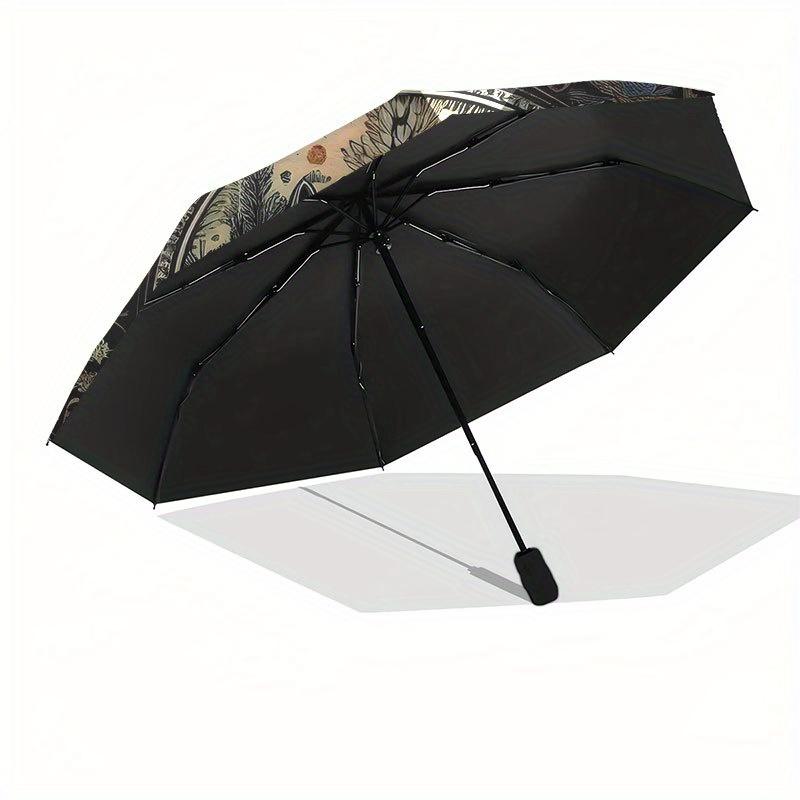 Elegant Circular Plate with Fox and Floral DesignUmbrella with Cute Design, Portable 3-Fold Compact Umbrella for Men & Women, Valentine's Day Mother's