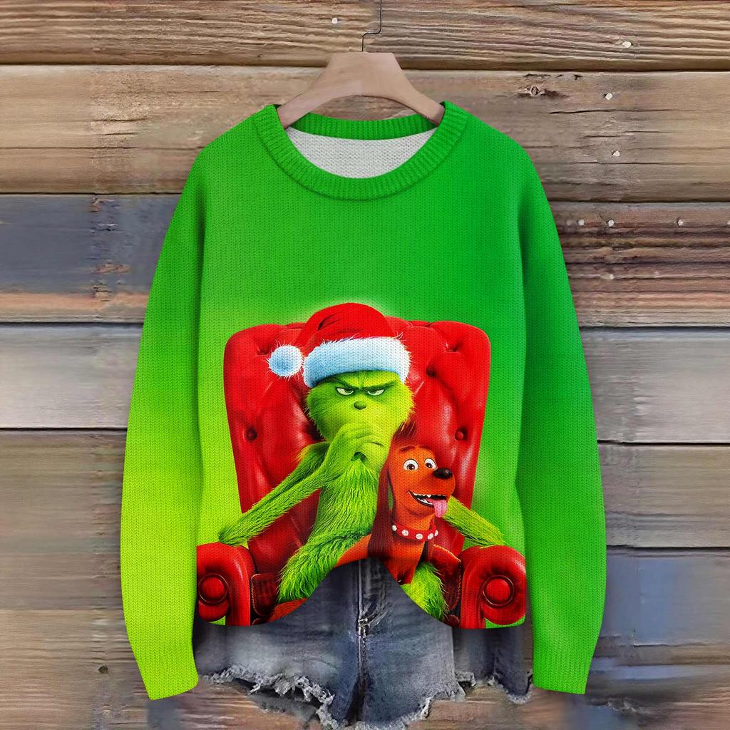 Long Sleeve Pullover Sweaters For Women O Neck Casual Cute Printing Knit Oversized Sweater