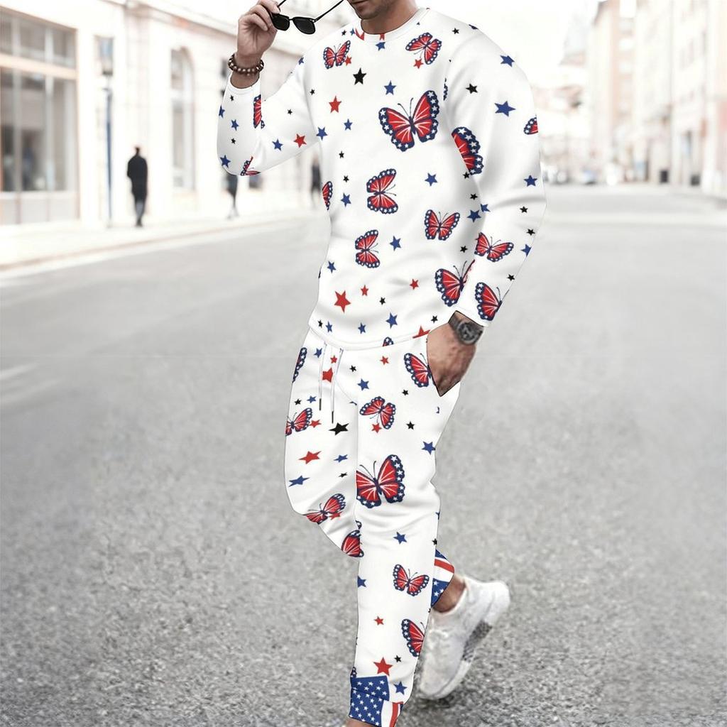 Men Distressed American Flag Star Stripe Print Long Sleeve Sweatshirt And Drawstring Jogger Pants Two Piece Outfit