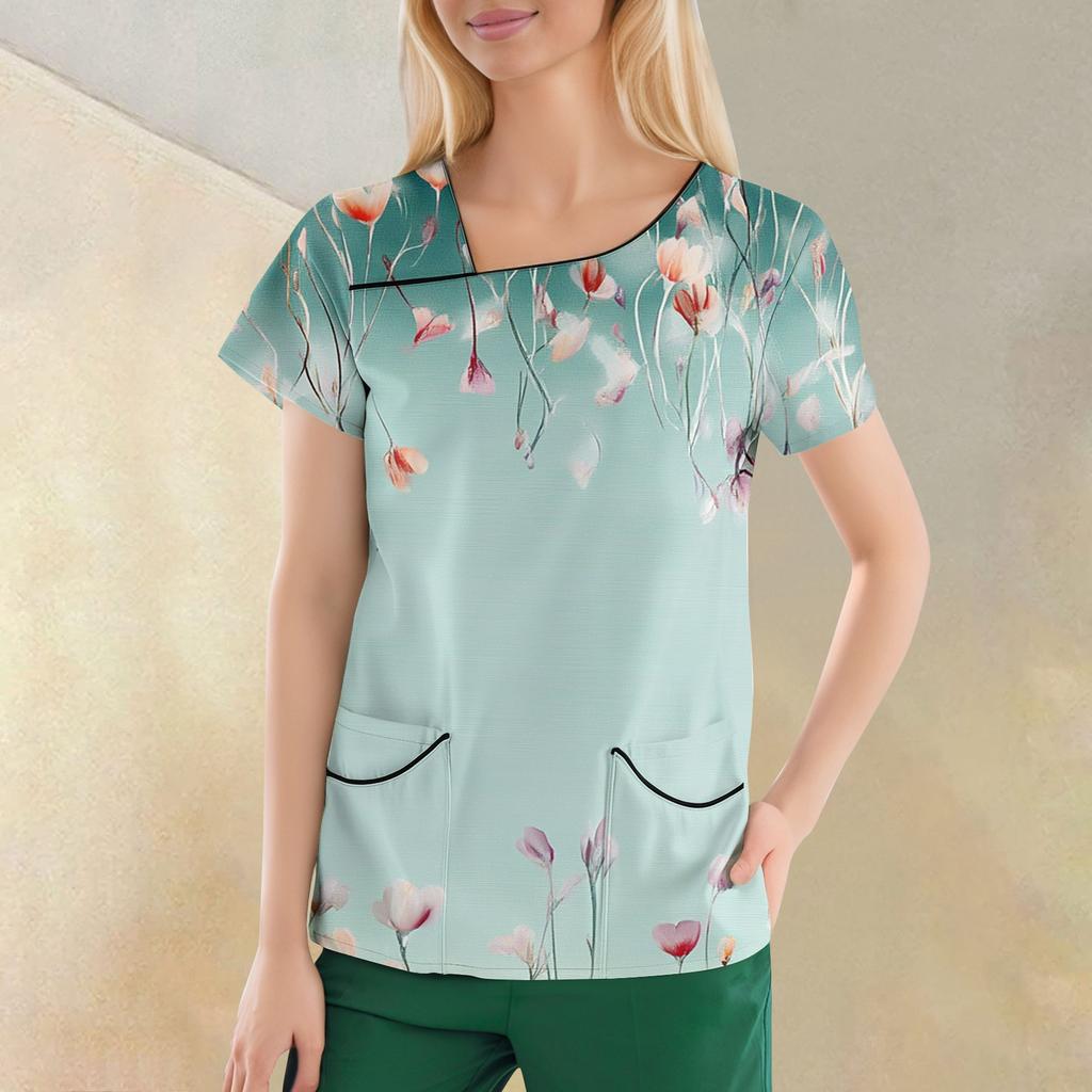 Women's Casual  Print Short Sleeve Sloping Collar Workwear Top With Double Pockets