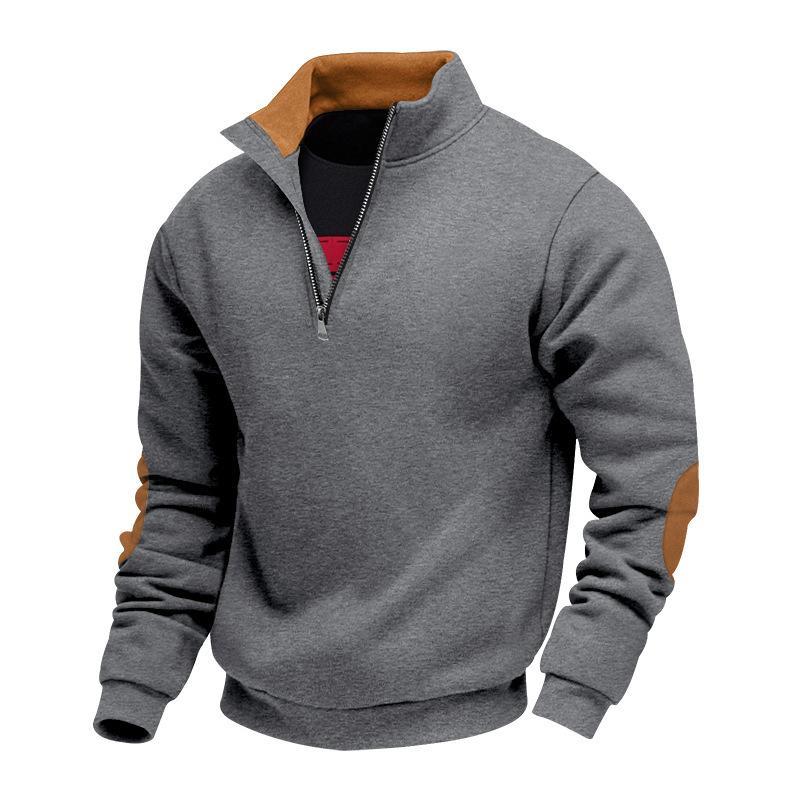 Men's Fleece-Lined Zip-Up Stand Collar Patchwork Contrast Colour Henley Long-Sleeved Casual Sweatshirt for Autumn/Winter