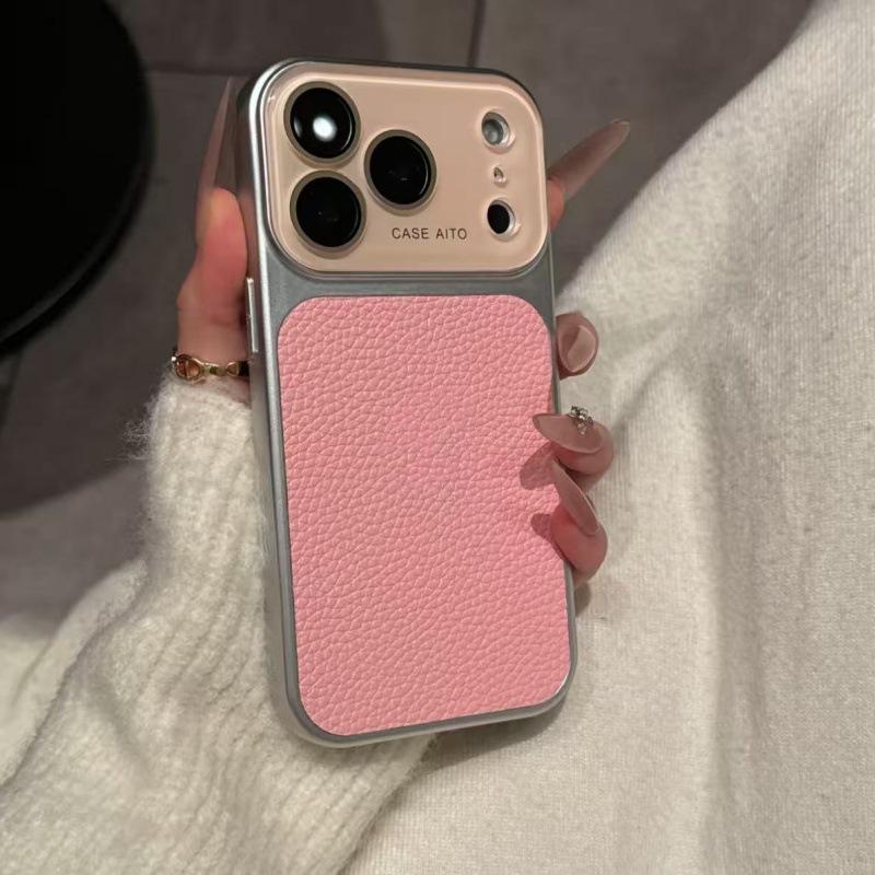 Leather Texture Drop-Proof Case for iPhone 14/15/16/17 Pro Max - Solid Color Design.