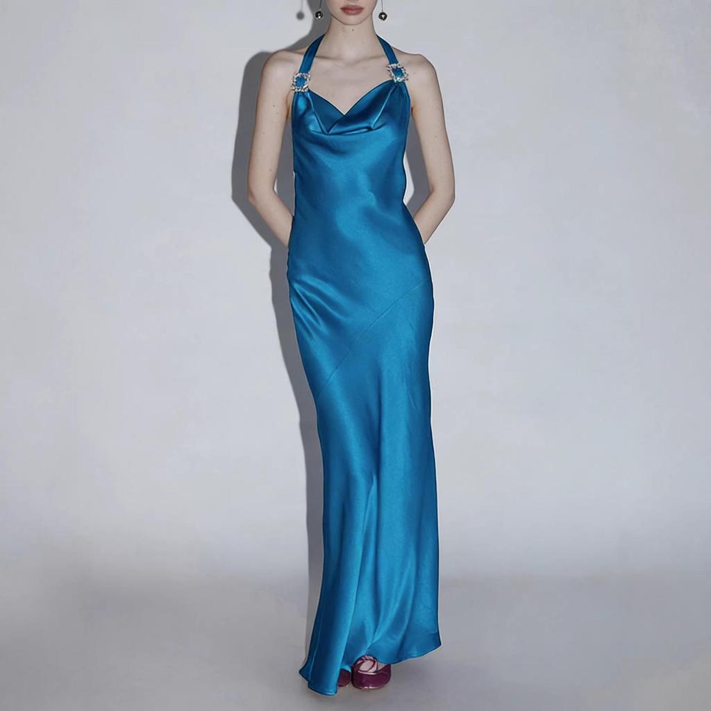 Elegant Acetate Halter Neck Dress with Crystal Buckle
