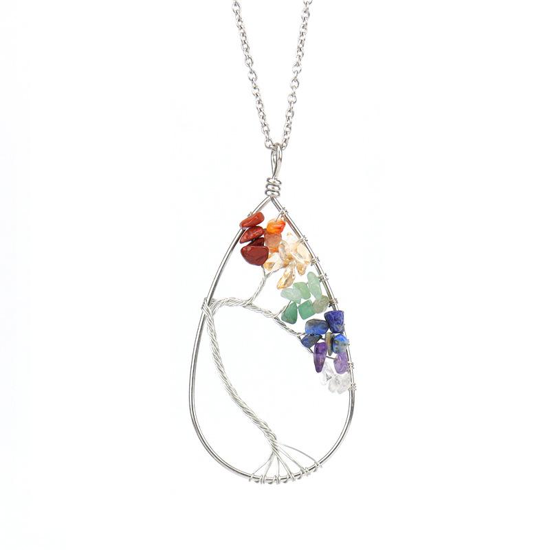Handmade Silver Wrapped Copper Wire Crushed Stone Tree of Life Necklace, Water Drop Natural Stone Design, Bent Tree of Life Necklace N28.