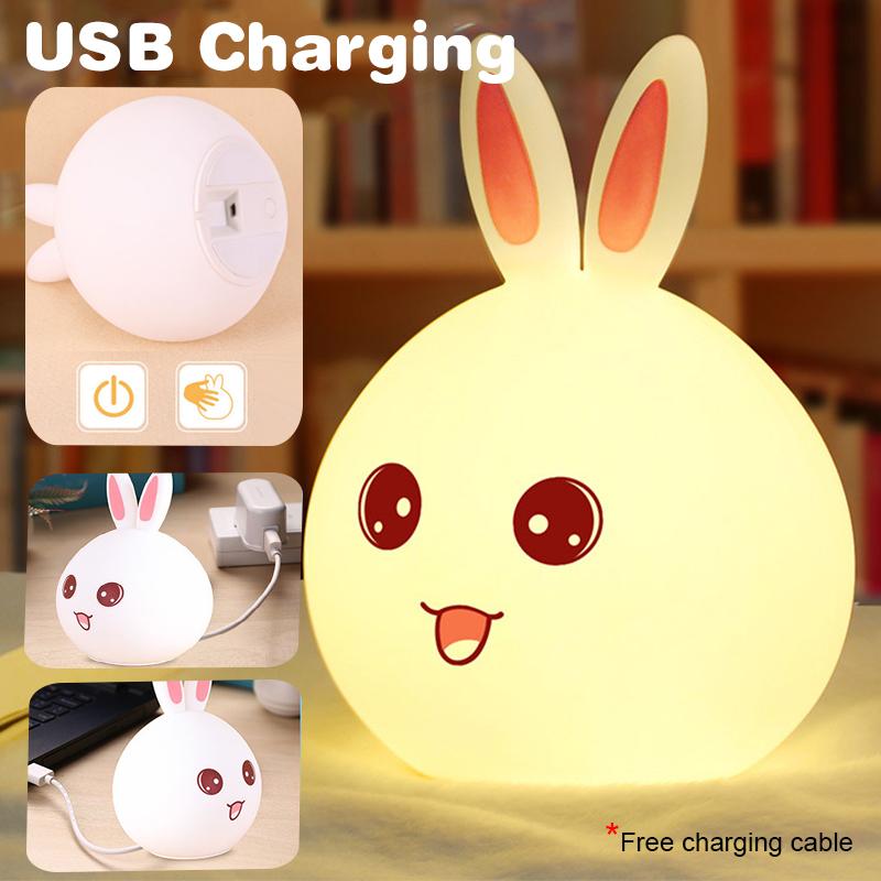 LED Rechargeable Night Light Cute Rabbit Colorful Light Clap Lamp Pat Lamp Night Feeding Baby Bedroom and Kid's Christmas Gift