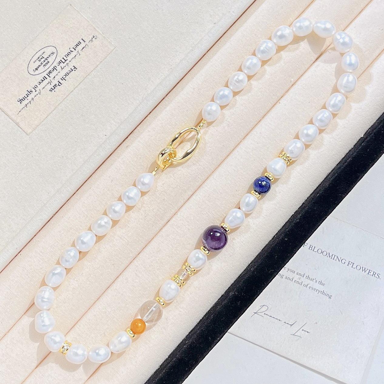 Autumn And Winter Natural Freshwater Pearl Beeswax Amethyst Lapis Lazuli Design Sense Necklace Collarbone Chain