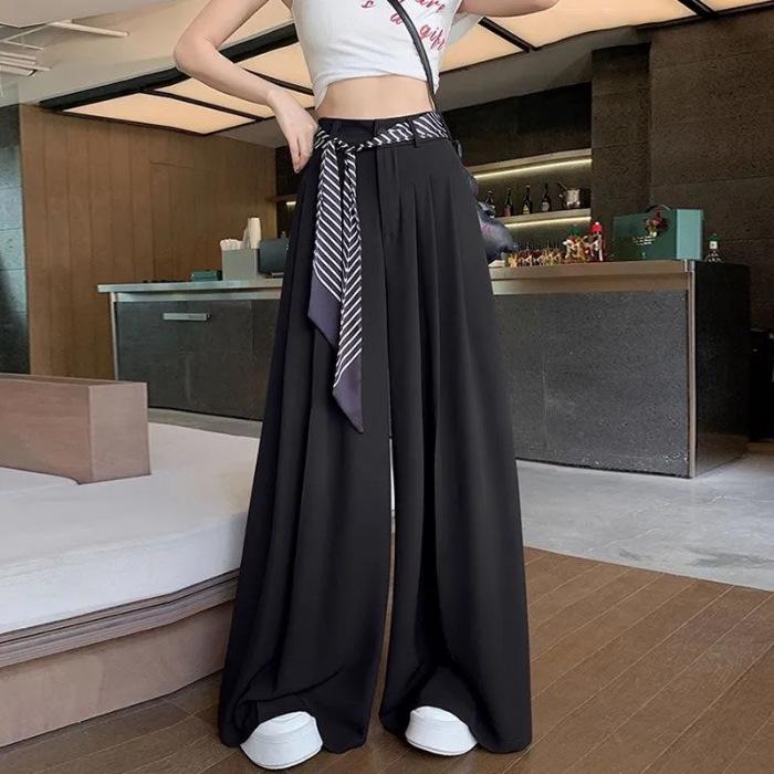 

Women s Summer Wide-Leg High Waist Suit Pants with Silk Scarf Tie (Free Belt) M чёрный
