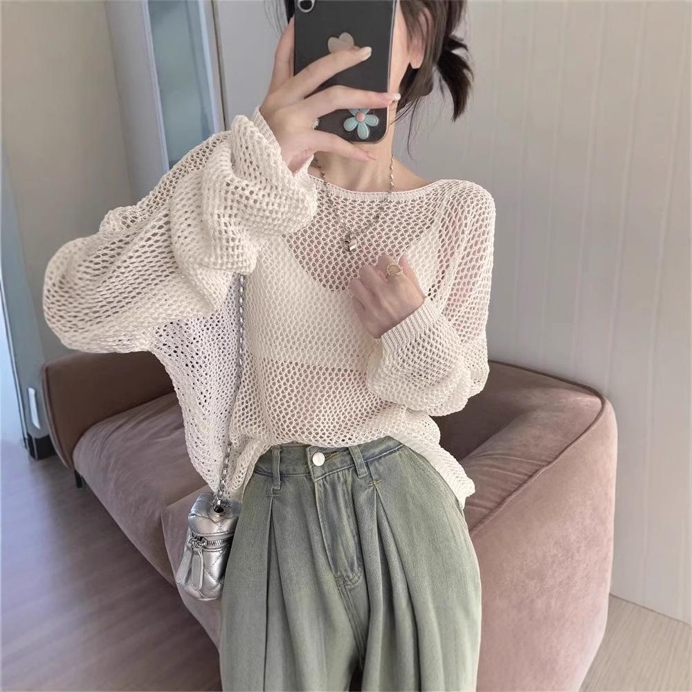 Sunscreen Knit Cardigan: Women's Backless Pearl Thin Long Sleeve Pullover for Summer & Early Autumn