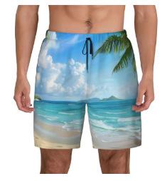 Beach Shorts, Palm Leaves with 3D Pattern for Men, Quick Drying Shorts for Hawaiian Plants